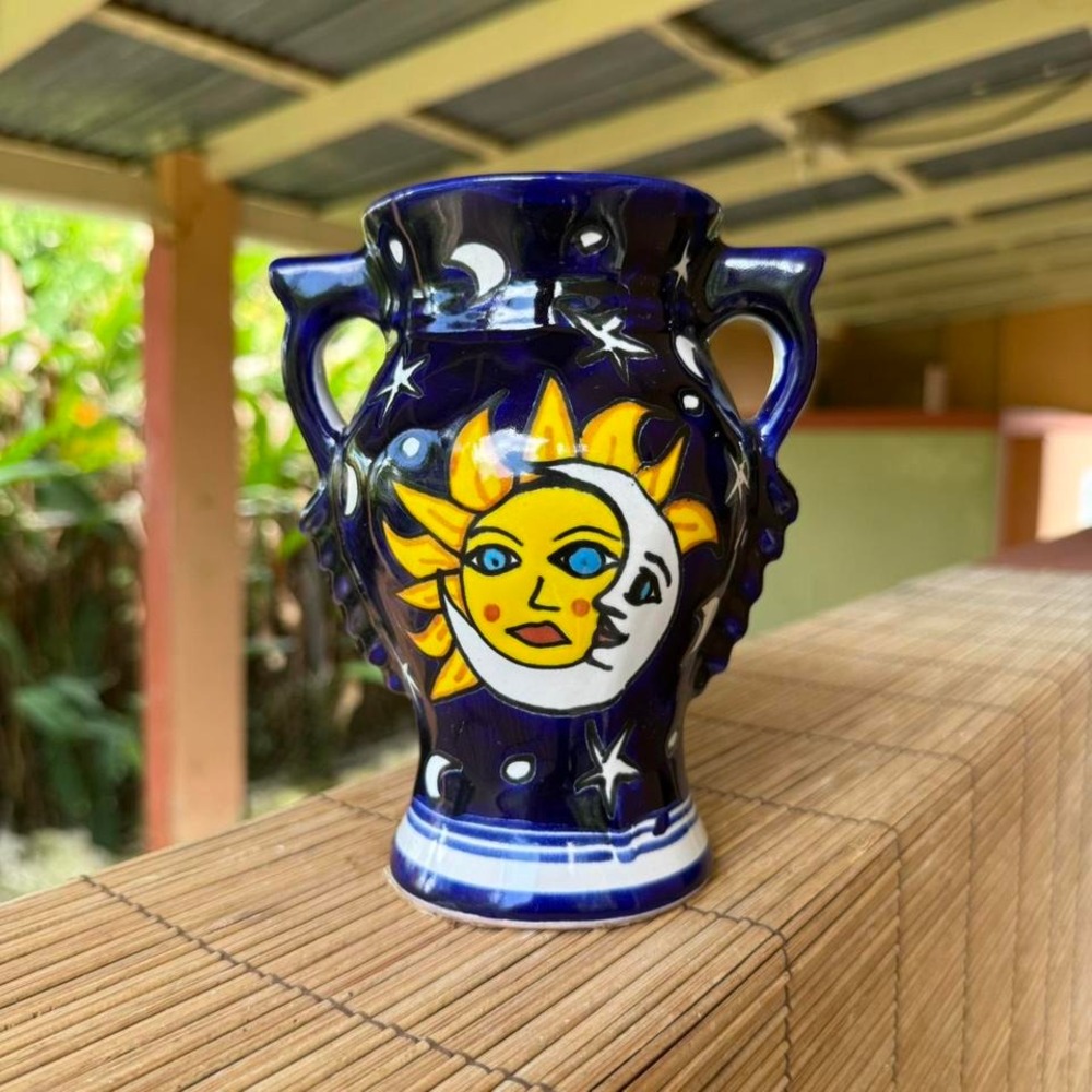 Sun & Moon Celestial Ceramic Vase Blue Glaze Double Handle 1990s Vintage Retro